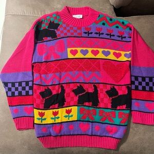 Vintage Scottie Dog Knit Pullover SZ L Pink Purple Rose Sweater